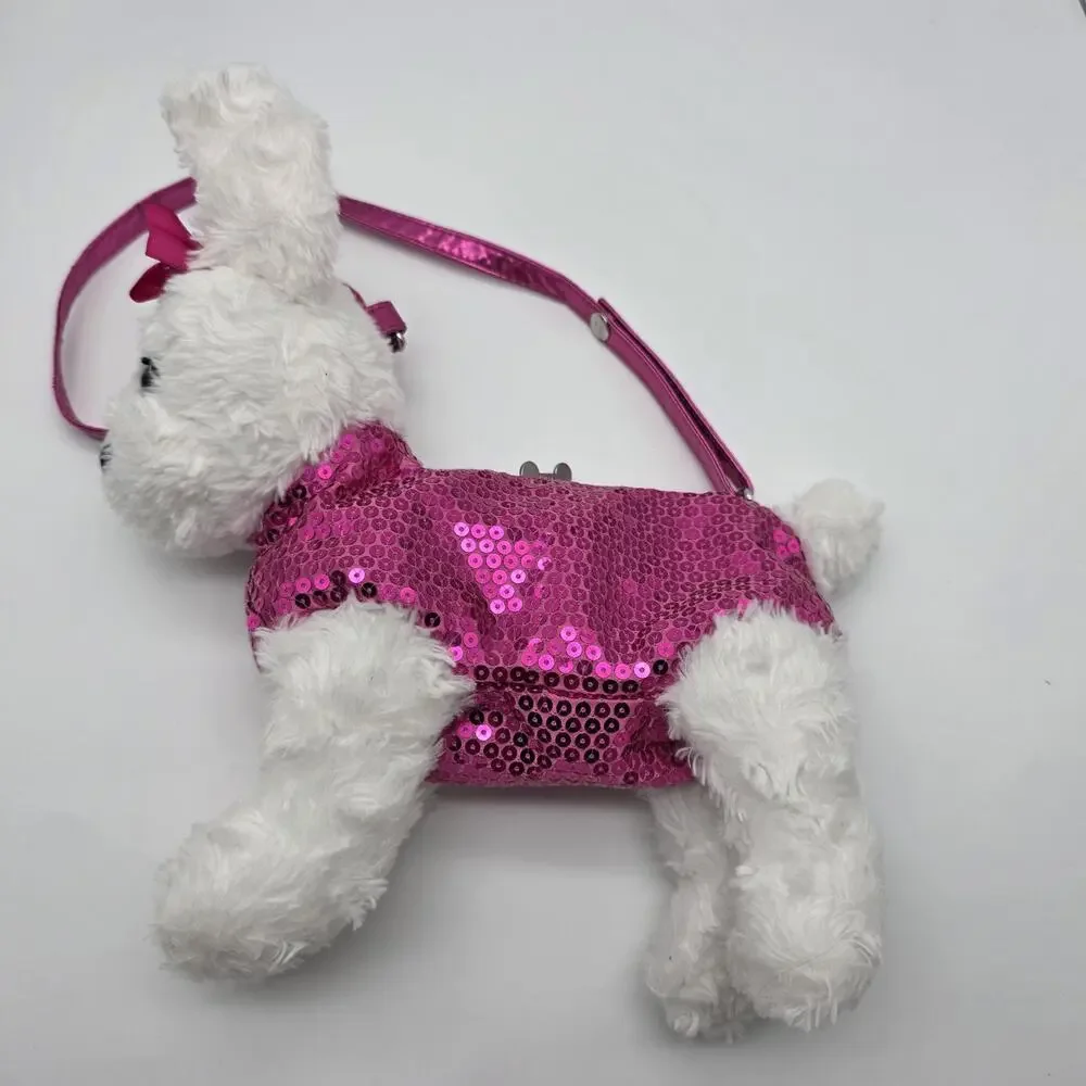 Poochie & Co White Poodle Plush Purse Hot Pink Sequin Girls Shoulder Bag
